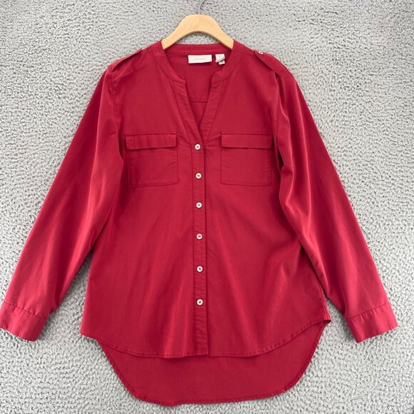 Chicos Shirt Womens 0 US Small Red Button Up Long Sleeve Pockets High Low Casual - Picture 1 of 9